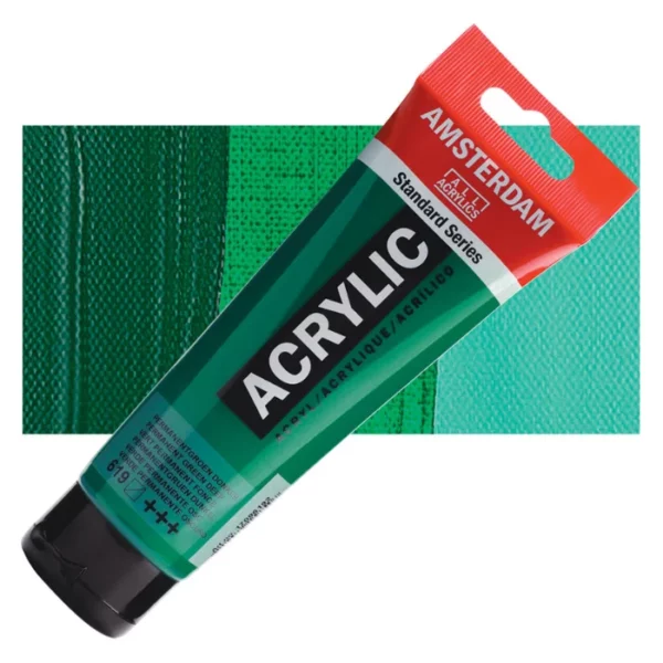 A single tube of Permanent Green Deep Amsterdam Acrylic Paint 120ml is shown diagonally across the center of the frame. The tube is made of a clear plastic and has a red band at the end of the tube with a hole so it can hang. The tube has a black, plastic flip top cap, that the bottle stands on. There is black text on the body of the tube describing the product colour and details. The colour of the paint can be seen through the tube. There is a rectangular colour swatch of the paint, behind the tube. The swatch shows the colour in different gradient's. The image is center of the frame and on a white background.