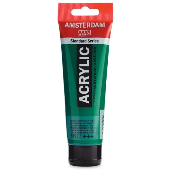 A single tube of Permanent Green Deep Amsterdam Acrylic Paint 120ml is standing vertically in the center of the frame. The tube is made of a clear plastic and has a red band at the end of the tube with a hole so it can hang. The tube has a black, plastic flip top cap, that the bottle stands on. There is black text on the body of the tube describing the product colour and details. The colour of the paint can be seen through the tube. On a white background.