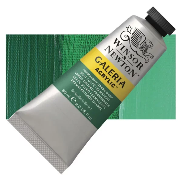 A tube of Permanent Green Deep Winsor and Newton Galeria Acrylic Paint 60ml is shown diagonally, across the center of the frame. The tube is a silver colour and has a black, screw on, plastic lid. The Winsor and Newton logo is printed at the top of the tube and there is a yellow band across the tube, under the logo, with the words, 'Galeria Acrylic'. There is a band of colour below that which denotes the colour of the paint in the tube. There is text on this colour band, describing the colour and paint properties. There is a rectangular colour swatch behind the tube that shows the colour of the paint. It lays horizontally across the top third of the frame. The image is center of the frame and on a white background.