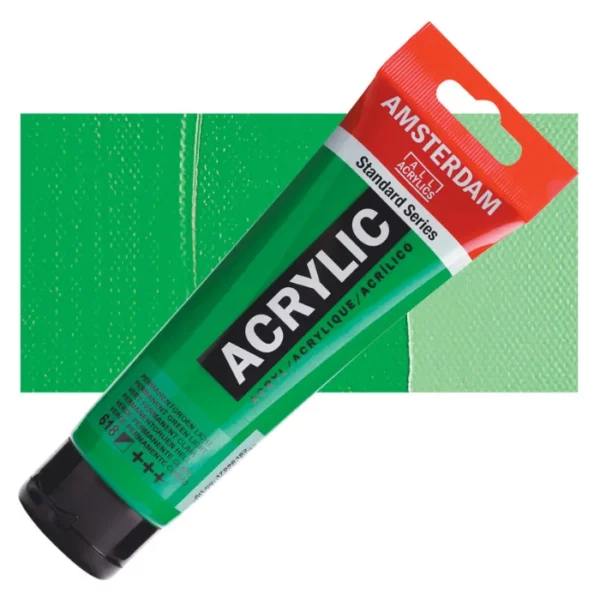 A single tube of Permanent Green Light Amsterdam Acrylic Paint 120ml is shown diagonally across the center of the frame. The tube is made of a clear plastic and has a red band at the end of the tube with a hole so it can hang. The tube has a black, plastic flip top cap, that the bottle stands on. There is black text on the body of the tube describing the product colour and details. The colour of the paint can be seen through the tube. There is a rectangular colour swatch of the paint, behind the tube. The swatch shows the colour in different gradient's. The image is center of the frame and on a white background.