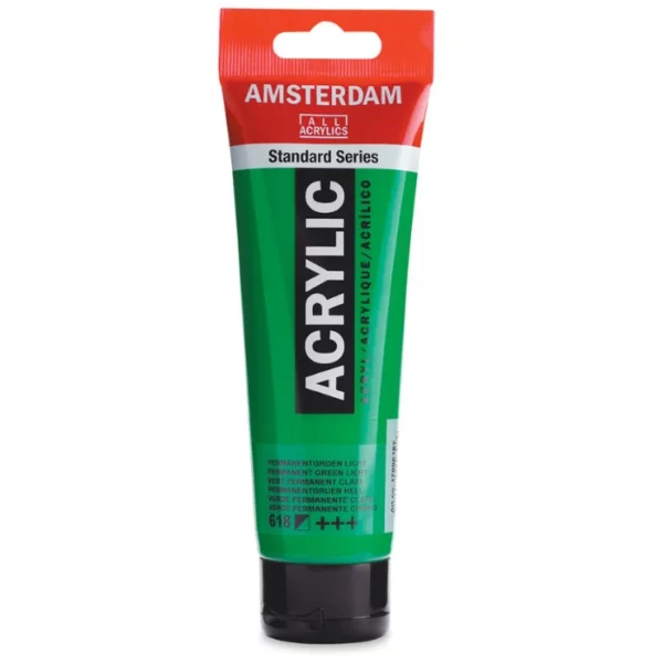 A single tube of Permanent Green Light Amsterdam Acrylic Paint 120ml is standing vertically in the center of the frame. The tube is made of a clear plastic and has a red band at the end of the tube with a hole so it can hang. The tube has a black, plastic flip top cap, that the bottle stands on. There is black text on the body of the tube describing the product colour and details. The colour of the paint can be seen through the tube. On a white background.