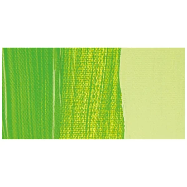 A rectangular colour swatch of Permanent Green Light Winsor and Newton Galeria Acrylic Paint is shown across the center of the frame. The colour swatch shows the tube colour in three gradients from left to right. On a white background.