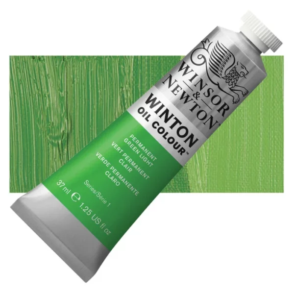 A tube of Permanent Green Light Winsor and Newton Winton Oil Paint 37ml is shown diagonally, across the center of the frame. The tube is a silver colour and has a white screw on, plastic lid. The Winsor and Newton logo is printed at the top of the tube and there is a white band printed across the tube, below the logo, that has the words 'Winton Oil Colour' written on it. Below that is a colour band printed across the tube that has black text describing the product colour and paint properties. There is a rectangular colour swatch behind the tube that shows the colour of the paint. It lays horizontally across the top third of the frame. The image is center of the frame and on a white background.