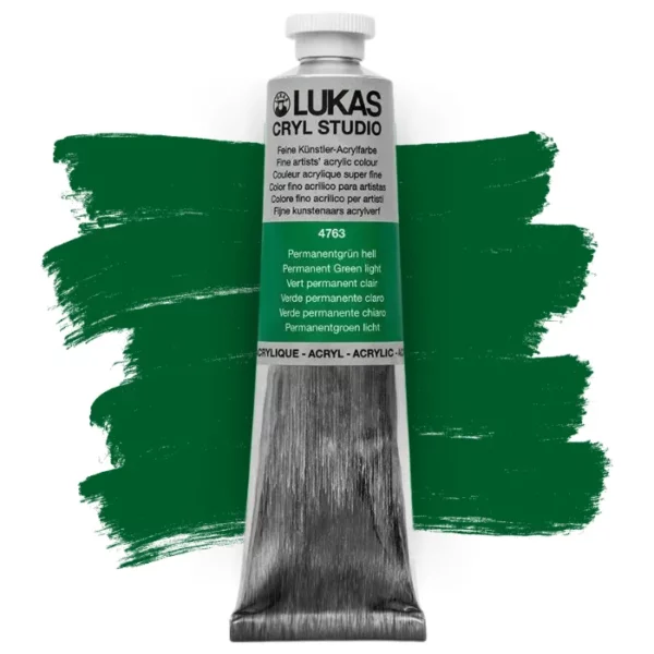 A single tube of Permanent Green Lukas Cryl STUDIO Acrylics 75ml is shown in the center of the frame, standing vertically. The tube is silver and has a colour band around the body of the tube that denotes the colour of the paint inside. The Lukas name and logo is printed at the top of the tube and there is black text below the logo that describes the paint. The tube has a white plastic, screw on lid. There is a paint swatch in the background that indicates the colour of the paint inside the tube. The image is center of the frame and on a white background.