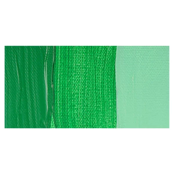 A rectangular colour swatch of Permanent Green Middle Winsor and Newton Galeria Acrylic Paint is shown across the center of the frame. The colour swatch shows the tube colour in three gradients from left to right. On a white background.