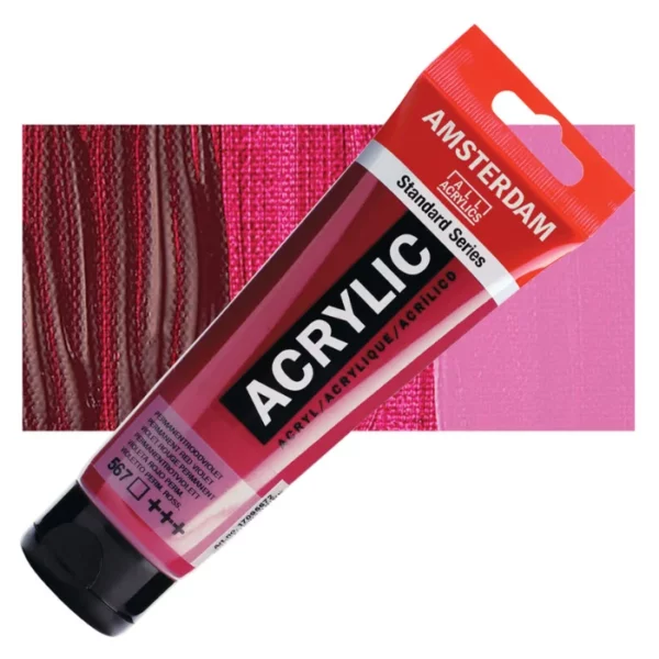 A single tube of Permanent Red Violet Amsterdam Acrylic Paint 120ml is shown diagonally across the center of the frame. The tube is made of a clear plastic and has a red band at the end of the tube with a hole so it can hang. The tube has a black, plastic flip top cap, that the bottle stands on. There is black text on the body of the tube describing the product colour and details. The colour of the paint can be seen through the tube. There is a rectangular colour swatch of the paint, behind the tube. The swatch shows the colour in different gradient's. The image is center of the frame and on a white background.