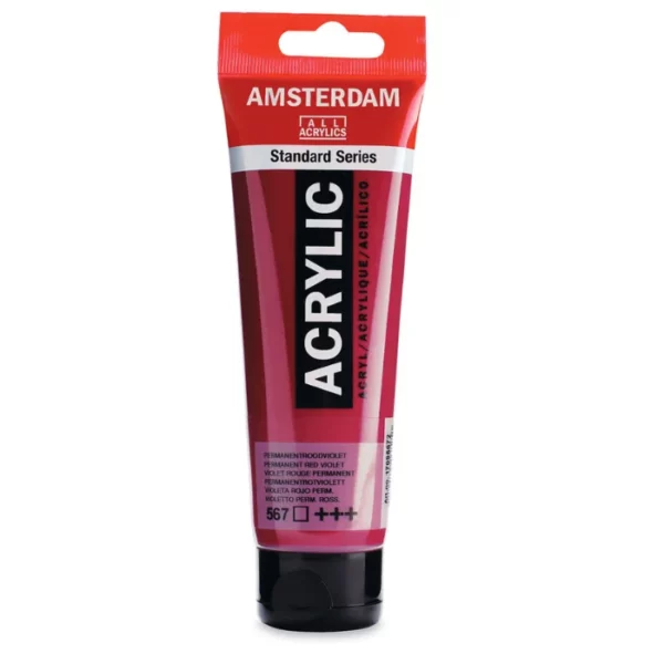 A single tube of Permanent Red Violet Amsterdam Acrylic Paint 120ml is standing vertically in the center of the frame. The tube is made of a clear plastic and has a red band at the end of the tube with a hole so it can hang. The tube has a black, plastic flip top cap, that the bottle stands on. There is black text on the body of the tube describing the product colour and details. The colour of the paint can be seen through the tube. On a white background.