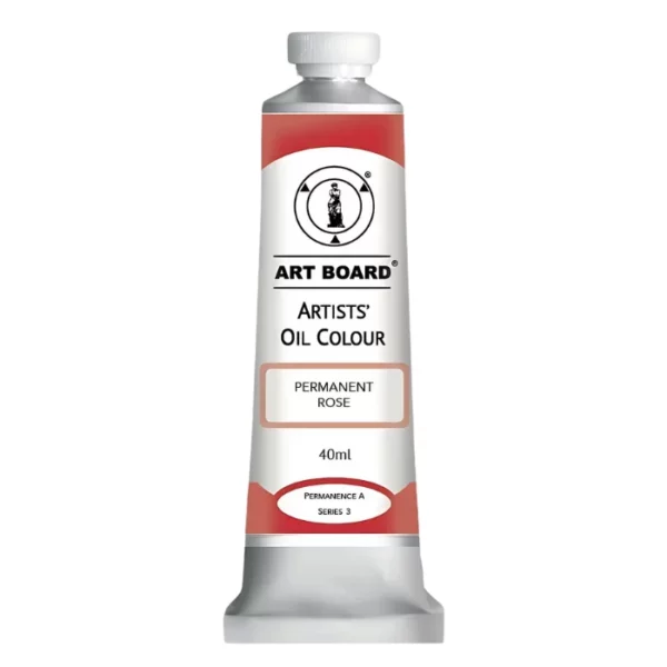 A tube of Permanent Rose Artboard Oil Paint 40ml is shown standing vertically in the center of the frame. The tube is silver and has a label around the body of the tube. Parts of the label are coloured, to denote the colour of the paint inside the tube. The artboard logo and name are printed at the top of the label and the colour and product details are printed below. The tube has a white plastic, screw on lid. On a white background.