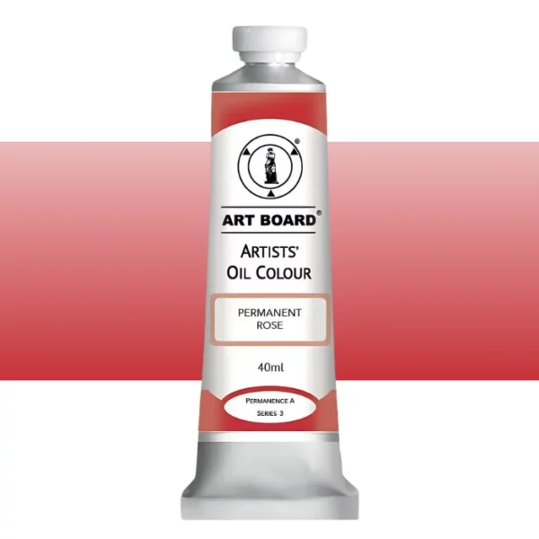 A tube of Permanent Rose Artboard Oil Paint 40ml is shown standing vertically in the center of the frame. The tube is silver and has a label around the body of the tube. Parts of the label are coloured, to denote the colour of the paint inside the tube. The artboard logo and name are printed at the top of the label and the colour and product details are printed below. The tube has a white plastic, screw on lid. A graded horizontal rectangle is seen in the background, this denotes the colour of the paint inside the tube. On a white background.