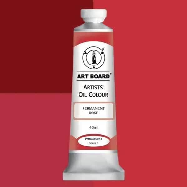 A tube of Permanent Rose Artboard Oil Paint 40ml is shown standing vertically in the center of the frame. The tube is silver and has a label around the body of the tube. Parts of the label are coloured, to denote the colour of the paint inside the tube. The artboard logo and name are printed at the top of the label and the colour and product details are printed below. The tube has a white plastic, screw on lid. Different shades of the paint colour are shown in the background in blocks, behind the tube.