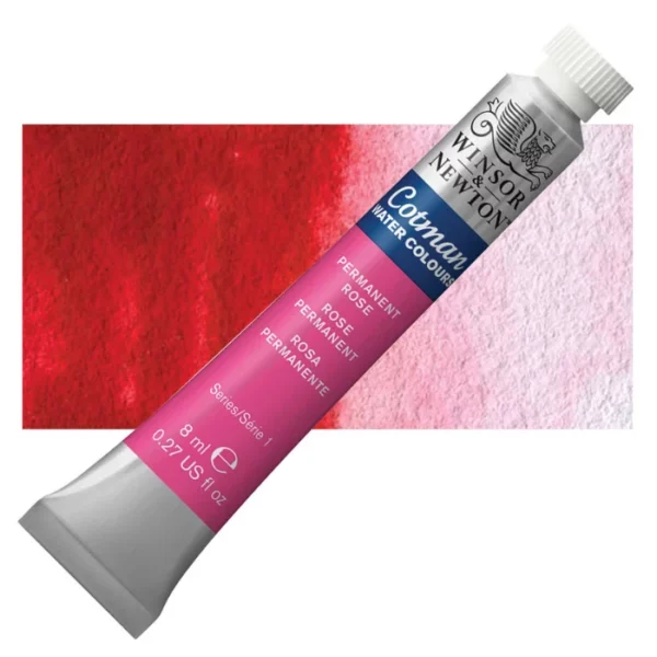 A single Permanent Rose Winsor and Newton Cotman Watercolour 8ml Tube is shown diagonally across the frame. The back of the tube is facing the bottom left hand corner of the frame and the lid of the tube is facing the top, right hand corner of the frame. The tube is silver and the Winsor and Newton logo is printed at the top of the tube. There is a blue band below the logo and the words 'Cotman Watercolour' are printed on the blue band in white. Then there is a large colour band around the base of the tube that denotes the colour of the paint. The tube colour and paint properties are indicated on this colour band in black text. The tube has a white, plastic screw on cap. There is a rectangular colour swatch behind the tube that shows how the colour works on a gradient scale. The entire image is center of the frame and on a white background.