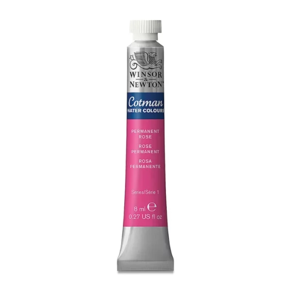 A single Permanent Rose Winsor and Newton Cotman Watercolour 8ml Tube is shown vertically in the center of the frame. The tube is silver and the Winsor and Newton logo is printed at the top of the tube. There is a blue band below the logo and the words 'Cotman Watercolour' are printed on the blue band in white. Then there is a large colour band around the base of the tube that denotes the colour of the paint. The tube colour and paint properties are indicated on this colour band in black text. The tube has a white, plastic screw on cap. The image is center of the frame and on a white background.