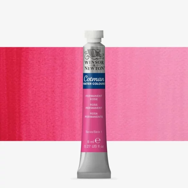 A single Permanent Rose Winsor and Newton Cotman Watercolour 8ml Tube is shown vertically in the center of the frame. The tube is silver and the Winsor and Newton logo is printed at the top of the tube. There is a blue band below the logo and the words 'Cotman Watercolour' are printed on the blue band in white. Then there is a large colour band around the base of the tube that denotes the colour of the paint. The tube colour and paint properties are indicated on this colour band in black text. The tube has a white, plastic screw on cap. There is a rectangular colour swatch behind the tube that shows how the colour works on a gradient scale. The entire image is center of the frame and on a white background.