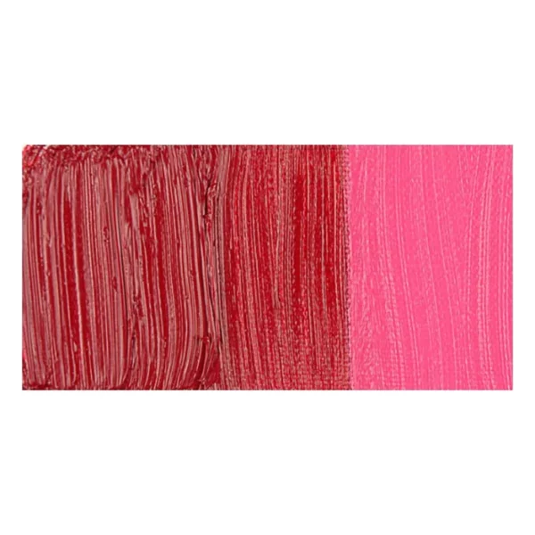 A rectangular colour swatch of Permanent Rose Winsor and Newton Winton Oil Paint is shown across the center of the frame. The colour swatch shows the tube colour in three gradients from left to right. On a white background.