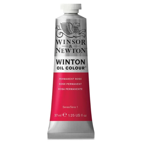 A single tube of Permanent Rose Winsor and Newton Winton Oil Paint 37ml is shown in the center of the frame, standing vertically. The tube is a silver colour and has a white screw on, plastic lid. The Winsor and Newton logo is printed at the top of the tube and there is a white band across the tube, under the logo, with the words, 'Winton Oil Colour'. There is a band of colour below that which denotes the colour of the paint in the tube. There is text on this colour band, describing the colour and paint properties. The image is center of the frame and on a white background.