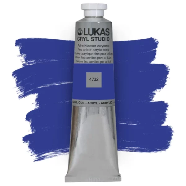 A single tube of Permanent Violet Lukas Cryl STUDIO Acrylics 75ml is shown in the center of the frame, standing vertically. The tube is silver and has a colour band around the body of the tube that denotes the colour of the paint inside. The Lukas name and logo is printed at the top of the tube and there is black text below the logo that describes the paint. The tube has a white plastic, screw on lid. There is a paint swatch in the background that indicates the colour of the paint inside the tube. The image is center of the frame and on a white background.