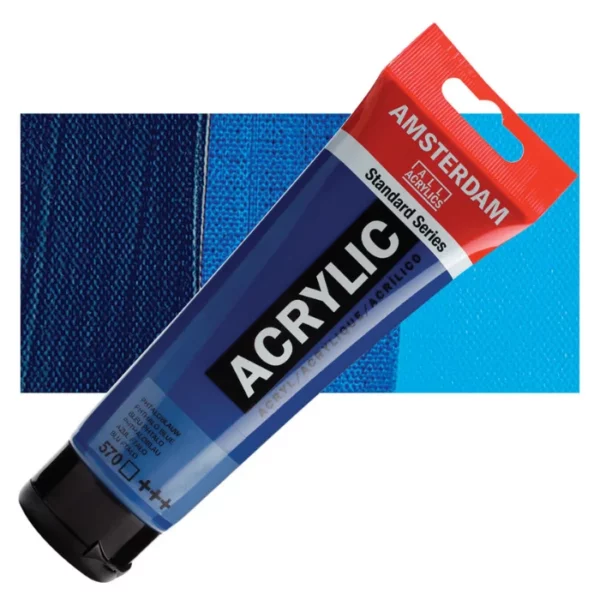 A single tube of Phthalo Blue Amsterdam Acrylic Paint 120ml is shown diagonally across the center of the frame. The tube is made of a clear plastic and has a red band at the end of the tube with a hole so it can hang. The tube has a black, plastic flip top cap, that the bottle stands on. There is black text on the body of the tube describing the product colour and details. The colour of the paint can be seen through the tube. There is a rectangular colour swatch of the paint, behind the tube. The swatch shows the colour in different gradient's. The image is center of the frame and on a white background.