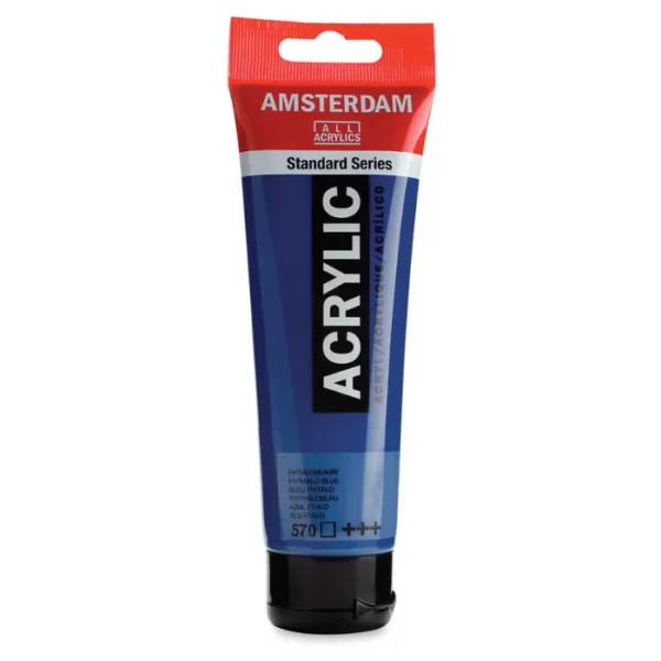 A single tube of Phthalo Blue Amsterdam Acrylic Paint 120ml is standing vertically in the center of the frame. The tube is made of a clear plastic and has a red band at the end of the tube with a hole so it can hang. The tube has a black, plastic flip top cap, that the bottle stands on. There is black text on the body of the tube describing the product colour and details. The colour of the paint can be seen through the tube. On a white background.