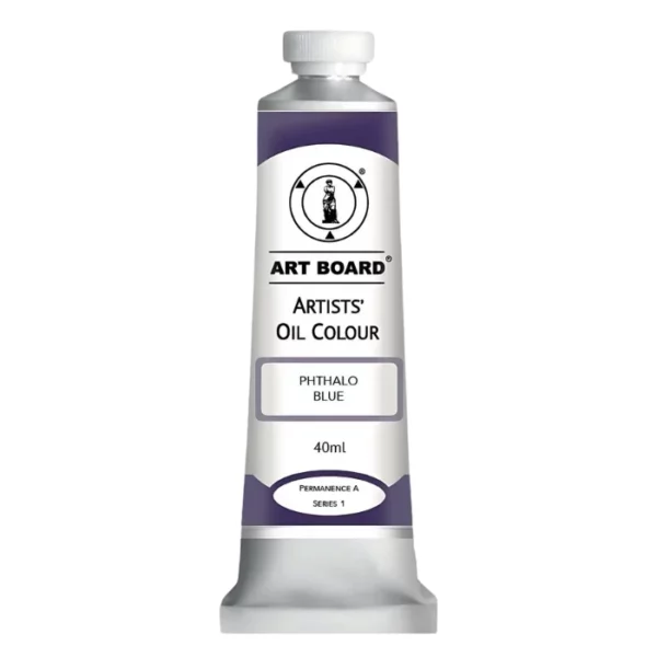 A tube of Phthalo Blue Artboard Oil Paint 40ml is shown standing vertically in the center of the frame. The tube is silver and has a label around the body of the tube. Parts of the label are coloured, to denote the colour of the paint inside the tube. The artboard logo and name are printed at the top of the label and the colour and product details are printed below. The tube has a white plastic, screw on lid. On a white background.