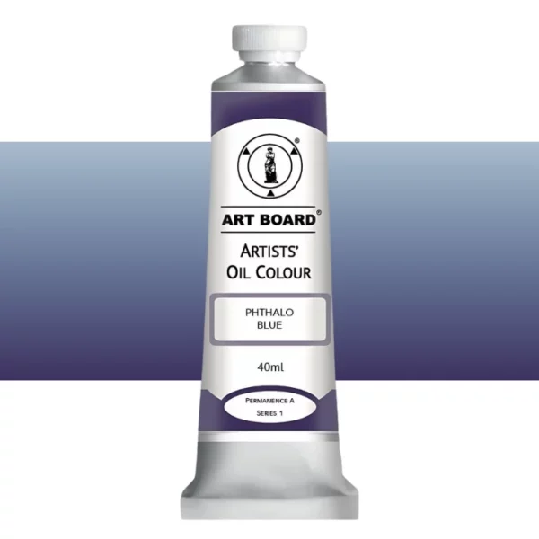 A tube of Phthalo Blue Artboard Oil Paint 40ml is shown standing vertically in the center of the frame. The tube is silver and has a label around the body of the tube. Parts of the label are coloured, to denote the colour of the paint inside the tube. The artboard logo and name are printed at the top of the label and the colour and product details are printed below. The tube has a white plastic, screw on lid. A graded horizontal rectangle is seen in the background, this denotes the colour of the paint inside the tube. On a white background.