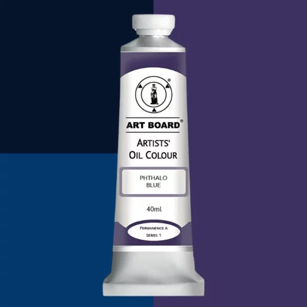 A tube of Phthalo Blue Artboard Oil Paint 40ml is shown standing vertically in the center of the frame. The tube is silver and has a label around the body of the tube. Parts of the label are coloured, to denote the colour of the paint inside the tube. The artboard logo and name are printed at the top of the label and the colour and product details are printed below. The tube has a white plastic, screw on lid. Different shades of the paint colour are shown in the background in blocks, behind the tube.