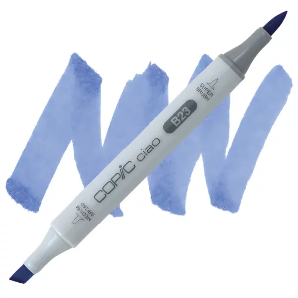 in the center of the image is a single copic marker that is sitting diagonally across the image. from left to right. it has a grey body and both caps are off showing the two different nibs, one brush at the top and the chisel tip at the bottom. it is sitting infront of a squiggle of the same colour as the marker on a white background