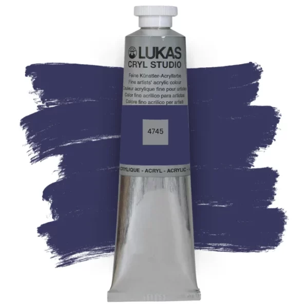 A single tube of Phthalo Blue Lukas Cryl STUDIO Acrylics 75ml is shown in the center of the frame, standing vertically. The tube is silver and has a colour band around the body of the tube that denotes the colour of the paint inside. The Lukas name and logo is printed at the top of the tube and there is black text below the logo that describes the paint. The tube has a white plastic, screw on lid. There is a paint swatch in the background that indicates the colour of the paint inside the tube. The image is center of the frame and on a white background.