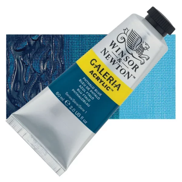 A tube of Phthalo Blue Winsor and Newton Galeria Acrylic Paint 60ml is shown diagonally, across the center of the frame. The tube is a silver colour and has a black, screw on, plastic lid. The Winsor and Newton logo is printed at the top of the tube and there is a yellow band across the tube, under the logo, with the words, 'Galeria Acrylic'. There is a band of colour below that which denotes the colour of the paint in the tube. There is text on this colour band, describing the colour and paint properties. There is a rectangular colour swatch behind the tube that shows the colour of the paint. It lays horizontally across the top third of the frame. The image is center of the frame and on a white background.