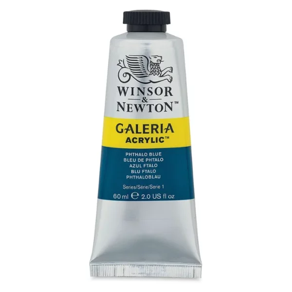 A single tube of Phthalo Blue Winsor and Newton Galeria Acrylic Paint 60ml is shown in the center of the frame, standing vertically. The tube is a silver colour and has a black, screw on, plastic lid. The Winsor and Newton logo is printed at the top of the tube and there is a yellow band across the tube, under the logo, with the words, 'Galeria Acrylic'. There is a band of colour below that which denotes the colour of the paint in the tube. There is text on this colour band, describing the colour and paint properties. The image is center of the frame and on a white background.