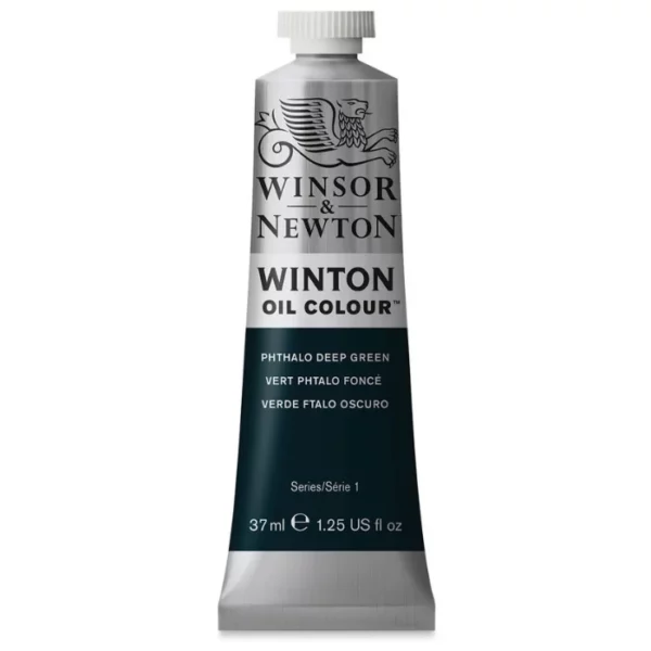 A single tube of Phthalo Deep Green Winsor and Newton Winton Oil Paint 37ml is shown in the center of the frame, standing vertically. The tube is a silver colour and has a white screw on, plastic lid. The Winsor and Newton logo is printed at the top of the tube and there is a white band across the tube, under the logo, with the words, 'Winton Oil Colour'. There is a band of colour below that which denotes the colour of the paint in the tube. There is text on this colour band, describing the colour and paint properties. The image is center of the frame and on a white background.