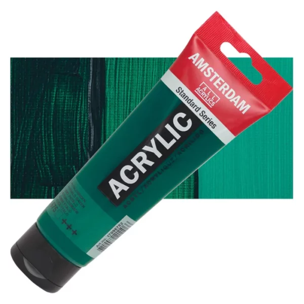 A single tube of Phthalo Green Amsterdam Acrylic Paint 120ml is shown diagonally across the center of the frame. The tube is made of a clear plastic and has a red band at the end of the tube with a hole so it can hang. The tube has a black, plastic flip top cap, that the bottle stands on. There is black text on the body of the tube describing the product colour and details. The colour of the paint can be seen through the tube. There is a rectangular colour swatch of the paint, behind the tube. The swatch shows the colour in different gradient's. The image is center of the frame and on a white background.