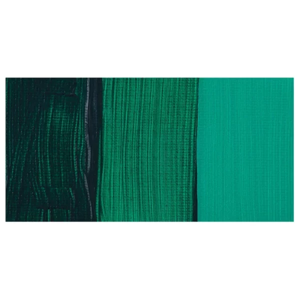 A colour swatch of a tube of Phthalo Green Amsterdam Acrylic Paint. The swatch is on a horizontal rectangle across the center of the frame. The swatch shows the colour in different gradient's. On a white background.