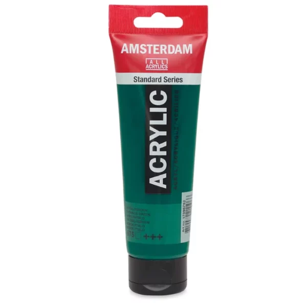 A single tube of Phthalo Green Amsterdam Acrylic Paint 120ml is standing vertically in the center of the frame. The tube is made of a clear plastic and has a red band at the end of the tube with a hole so it can hang. The tube has a black, plastic flip top cap, that the bottle stands on. There is black text on the body of the tube describing the product colour and details. The colour of the paint can be seen through the tube. On a white background.