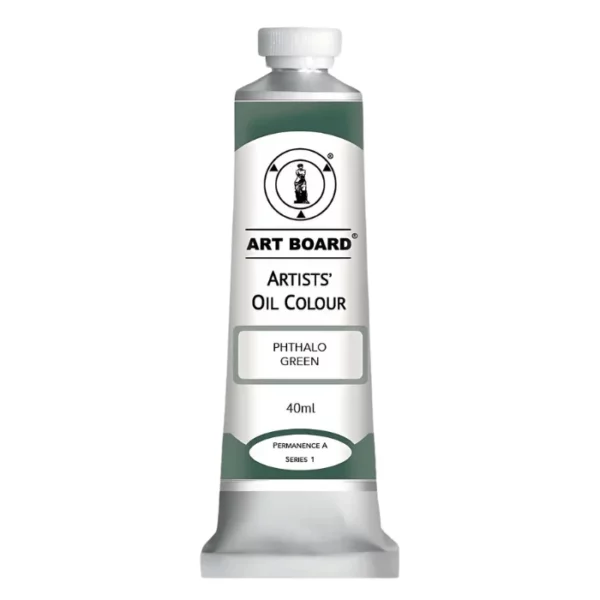 A tube of Phthalo Green Artboard Oil Paint 40ml is shown standing vertically in the center of the frame. The tube is silver and has a label around the body of the tube. Parts of the label are coloured, to denote the colour of the paint inside the tube. The artboard logo and name are printed at the top of the label and the colour and product details are printed below. The tube has a white plastic, screw on lid. Different shades of the paint colour are shown in the background in blocks, behind the tube.