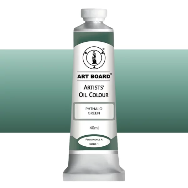 A tube of Phthalo Green Artboard Oil Paint 40ml is shown standing vertically in the center of the frame. The tube is silver and has a label around the body of the tube. Parts of the label are coloured, to denote the colour of the paint inside the tube. The artboard logo and name are printed at the top of the label and the colour and product details are printed below. The tube has a white plastic, screw on lid. A graded horizontal rectangle is seen in the background, this denotes the colour of the paint inside the tube. On a white background.