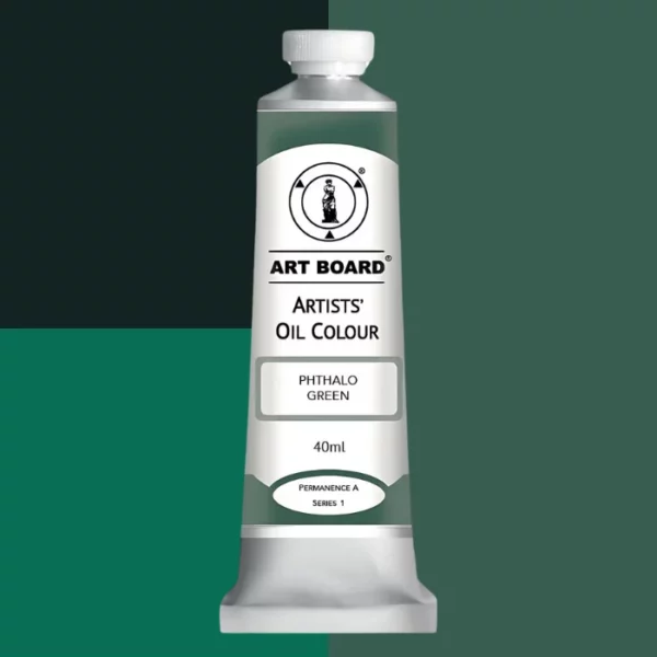 A tube of Phthalo Green Artboard Oil Paint 40ml is shown standing vertically in the center of the frame. The tube is silver and has a label around the body of the tube. Parts of the label are coloured, to denote the colour of the paint inside the tube. The artboard logo and name are printed at the top of the label and the colour and product details are printed below. The tube has a white plastic, screw on lid. On a white background.