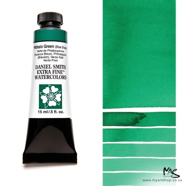 A tube of Phthalo Green Blue Shade S1 Daniel Smith Watercolour Paint is shown in the frame, to the left hand side of the frame vertically. The tube has a black plastic cap and a black base. The center of the tube is white and there is a colour band at the top of the tube, below the cap, that indicates the colour of the paint. There is black text on the front of the tube with the brand name and logo. To the right of the tube is a colour swatch which was made using the paint. In the colour swatch, you can see the paint undiluted and in a diluted form. The image is on a white background and is center of the frame.