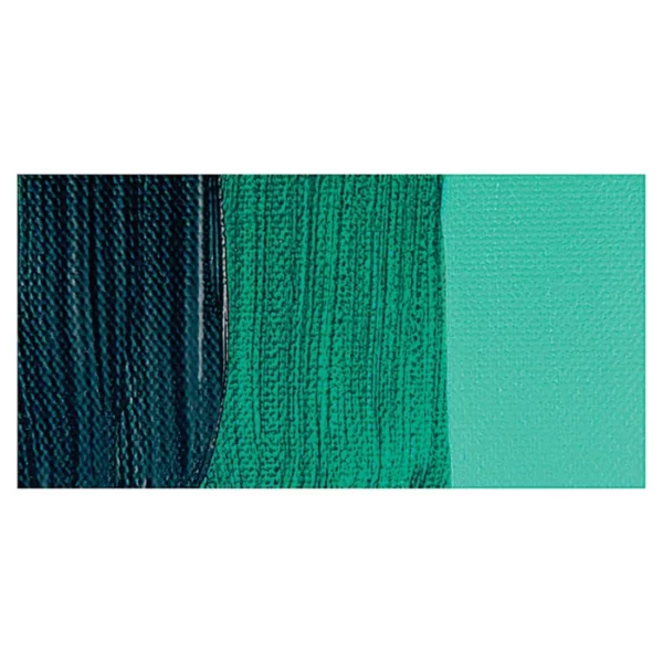 A rectangular colour swatch of Phthalo Green Winsor and Newton Galeria Acrylic Paint is shown across the center of the frame. The colour swatch shows the tube colour in three gradients from left to right. On a white background.