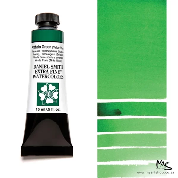 A tube of Phthalo Green Yellow Shade S2 Daniel Smith Watercolour Paint is shown in the frame, to the left hand side of the frame vertically. The tube has a black plastic cap and a black base. The center of the tube is white and there is a colour band at the top of the tube, below the cap, that indicates the colour of the paint. There is black text on the front of the tube with the brand name and logo. To the right of the tube is a colour swatch which was made using the paint. In the colour swatch, you can see the paint undiluted and in a diluted form. The image is on a white background and is center of the frame.