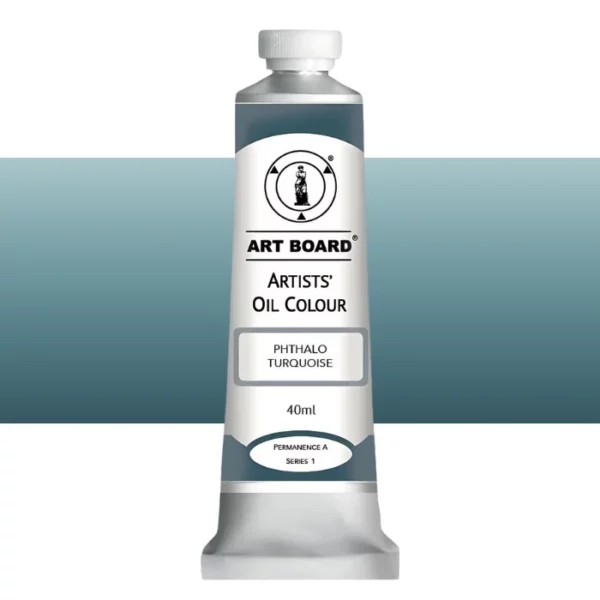 A tube of Phthalo Turquoise Artboard Oil Paint 40ml is shown standing vertically in the center of the frame. The tube is silver and has a label around the body of the tube. Parts of the label are coloured, to denote the colour of the paint inside the tube. The artboard logo and name are printed at the top of the label and the colour and product details are printed below. The tube has a white plastic, screw on lid. A graded horizontal rectangle is seen in the background, this denotes the colour of the paint inside the tube. On a white background.