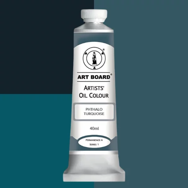 A tube of Phthalo Turquoise Artboard Oil Paint 40ml is shown standing vertically in the center of the frame. The tube is silver and has a label around the body of the tube. Parts of the label are coloured, to denote the colour of the paint inside the tube. The artboard logo and name are printed at the top of the label and the colour and product details are printed below. The tube has a white plastic, screw on lid. On a white background.