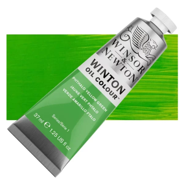 A tube of Phthalo Yellow Green Winsor and Newton Winton Oil Paint 37ml is shown diagonally, across the center of the frame. The tube is a silver colour and has a white screw on, plastic lid. The Winsor and Newton logo is printed at the top of the tube and there is a white band printed across the tube, below the logo, that has the words 'Winton Oil Colour' written on it. Below that is a colour band printed across the tube that has black text describing the product colour and paint properties. There is a rectangular colour swatch behind the tube that shows the colour of the paint. It lays horizontally across the top third of the frame. The image is center of the frame and on a white background.