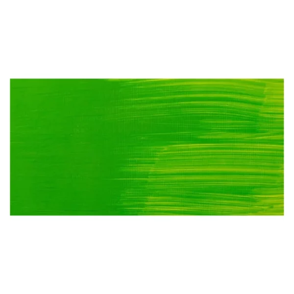 A rectangular colour swatch of Phthalo Yellow Green Winsor and Newton Winton Oil Paint is shown across the center of the frame. The colour swatch shows the tube colour in three gradients from left to right. On a white background.