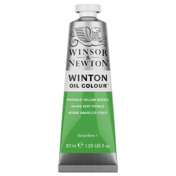 A single tube of Phthalo Yellow Green Winsor and Newton Winton Oil Paint 37ml is shown in the center of the frame, standing vertically. The tube is a silver colour and has a white screw on, plastic lid. The Winsor and Newton logo is printed at the top of the tube and there is a white band across the tube, under the logo, with the words, 'Winton Oil Colour'. There is a band of colour below that which denotes the colour of the paint in the tube. There is text on this colour band, describing the colour and paint properties. The image is center of the frame and on a white background.