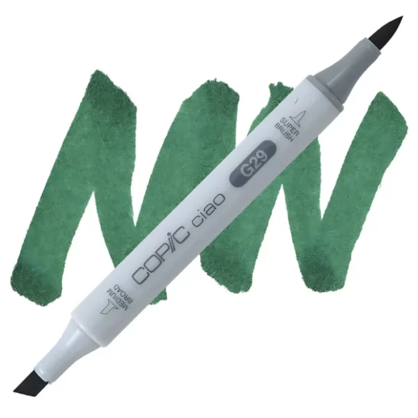 in the center of the image is a single copic marker that is sitting diagonally across the image. from left to right. it has a grey body and both caps are off showing the two different nibs, one brush at the top and the chisel tip at the bottom. it is sitting infront of a squiggle of the same colour as the marker on a white background