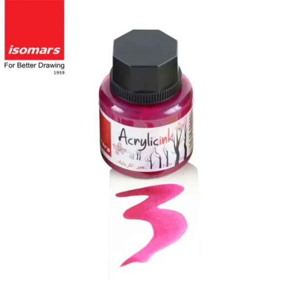 A single bottle of Pink Isomars Acrylic Ink 30ml is shown at the top of the frame. There is a colour swatch below the bottle, to indicate the colour of the ink. The bottle is a clear plastic so you can see the colour of the ink inside. It has a black, plastic, screw on lid and a printed label around the body of the bottle. The label has the product name and details printed on it. The Isomars logo is printed in the top left hand corner of the frame. On a white background.