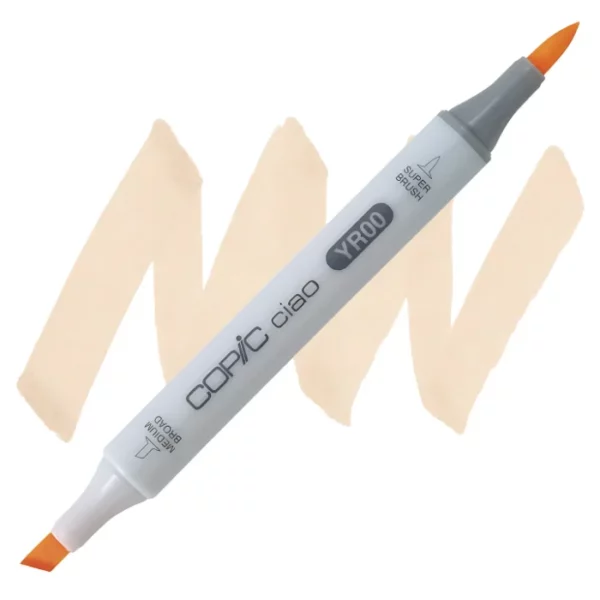 in the center of the image is a single copic marker that is sitting diagonally across the image. from left to right. it has a grey body and both caps are off showing the two different nibs, one brush at the top and the chisel tip at the bottom. it is sitting infront of a squiggle of the same colour as the marker on a white background