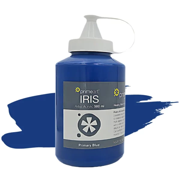 A single bottle of Primary Blue Iris Acrylic Paint 500ml is shown vertically in the center of the frame. The bottle is a clear plastic bottle with a white plastic flip top lid that is hinged to the bottle. There is a label around the body of the bottle that is printed with the Prime Art logo, the product name and details. The image is center of the frame and there is a paint swatch colour behind the bottle that indicates the colour of the paint. On a white background.