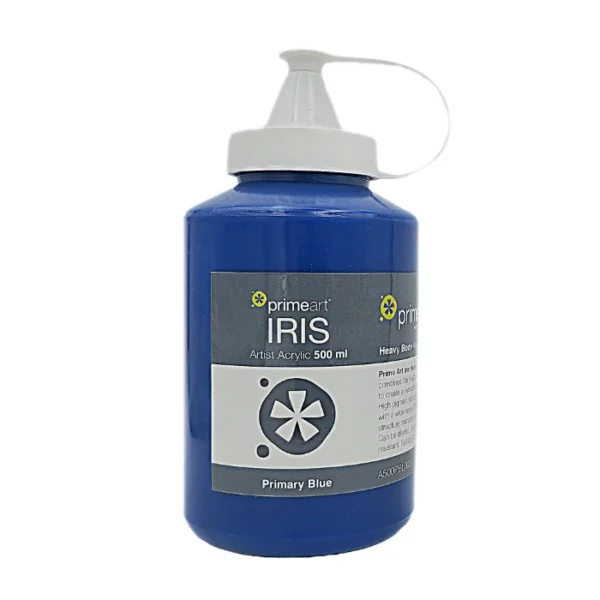 A single bottle of Primary Blue Iris Acrylic Paint 500ml is shown vertically in the center of the frame. The bottle is a clear plastic bottle with a white plastic flip top lid that is hinged to the bottle. There is a label around the body of the bottle that is printed with the Prime Art logo, the product name and details. The image is center of the frame and on a white background.