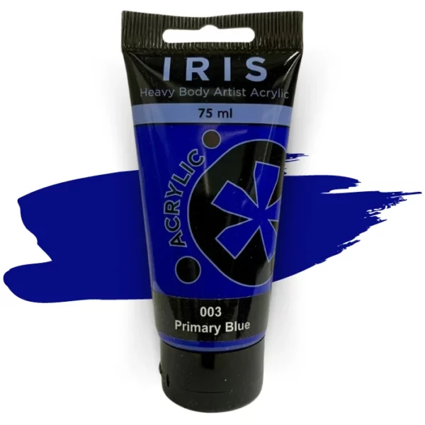 A single tube of Primary Blue Prime Art Iris Acrylic Paint 75ml is shown in the frame. The tube is a clear plastic with a black printed band at the top of each tube that has the Prime Art Iris Logo printed on it. The tube has a black flip cap that the tube stands on. You can see the colour of the paint through the tube. On a white background.